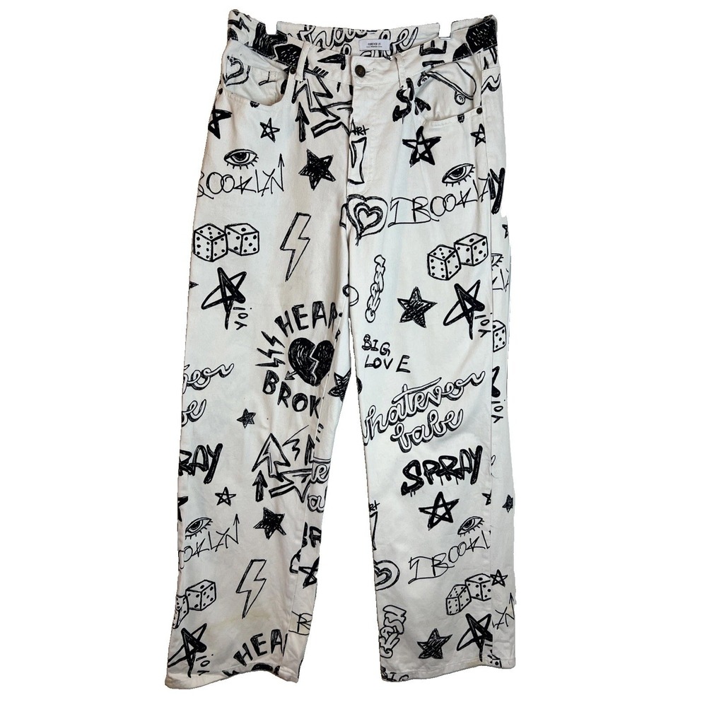 Premium‎ Graphic Artsy Brooklyn White Wide Leg Jeans Sz 30